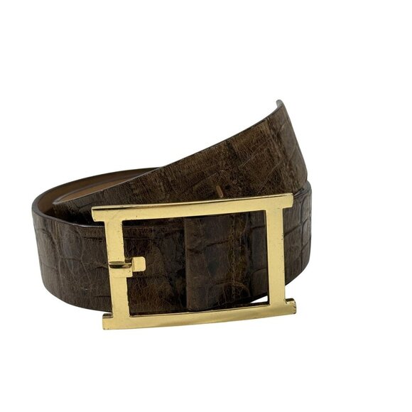 Talbots Accessories - Talbots‎ Brown Leather Crocodile Embossed Belt Gold Rectangle Buckle Size Medium